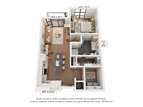 A 3D floor plan of a small apartment with a kitchen, living room, and bedroom.